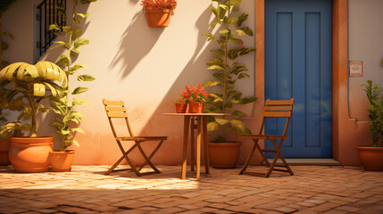Fototapeta na wymiar A patio with a table and chairs and a potted.