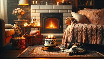 Cozy Birthday Celebration: Cat, Fireplace, and Cake