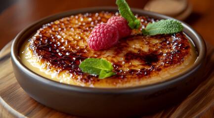 Elegant crème brûlée topped with a raspberry and mint leaves in a dark bowl, ai generated