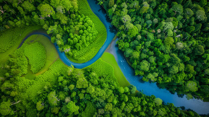 Aerial View of Beautiful Nature Reserve, Scenic Landscape, Outdoor Adventure. Sustainability, Ecology, Connection to Nature. Modern Travel. Wellness, Mindfulness. Clean Air, Wildlife, Biodiversity. 