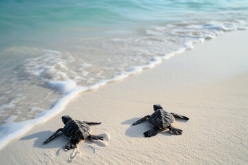 Little baby sea turtles on the sandy beach in morning time. World aquatic animal day