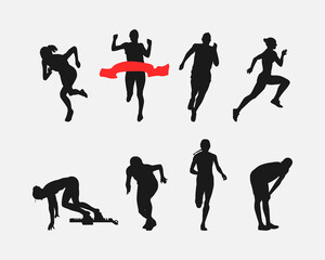 set of silhouettes of sprinter runner with different poses, gestures. isolated on white background. vector illustration.