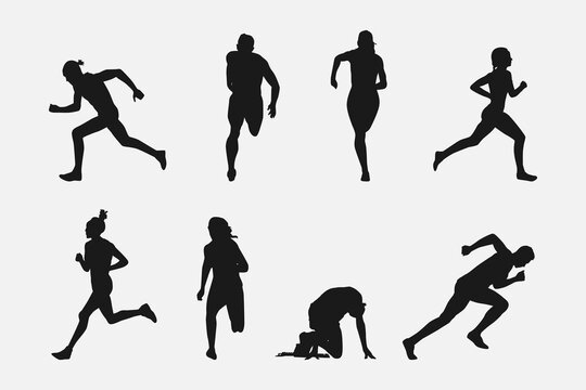 set of silhouettes of sprinter runner with different poses, gestures. isolated on white background. vector illustration.