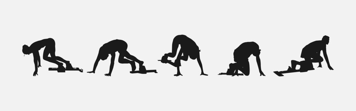 set of silhouettes of sprinter at starting block. isolated on white background. vector illustration.