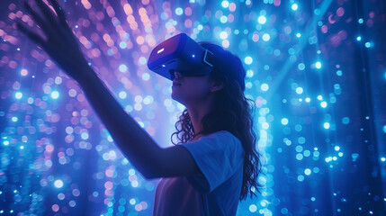 A young female enjoys immersive virtual reality with neon lights in the background, indicating modern entertainment technology.