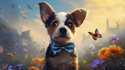 A puppy with a bow tie sitting in a field of flowers.
