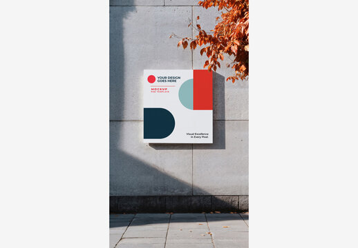 Outside Street Poster Mockup: White Board on Wall with Tree, Bench, and Building, Red Leaf, Sidewalk, and Foreground Trees.