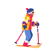 An adult gray-haired lady on a ski trip. Winter holidays and travel. Minimalism. Vector illustration.