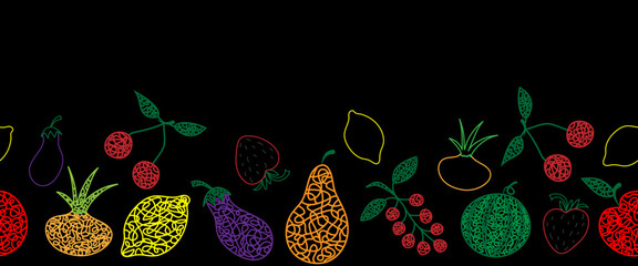 Seamless pattern (border) with hand drawn watermelon, cherry, apple, pear, lemon, strawberry, eggplant, currant, onion on black background in childrens naive style.