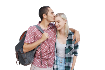 Couple, love and kiss forehead with smile for relationship, romance and backpack for travel. Man, woman and happy for summer, holiday and isolated on a transparent png background for destination