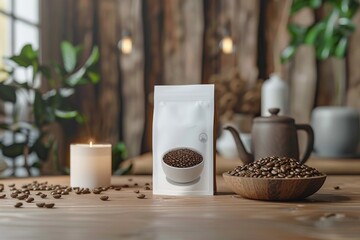 Blank coffee packaging, coffee packaging mockup, on a wooden background. generative AI