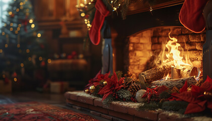 A cozy fireplace has crackling logs providing warmth - while its mantel is adorned with Christmas stockings and festive decorations - wide format
