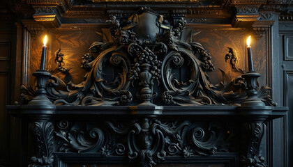 An antique fireplace features intricate carvings in the wood - flanked by ornate candelabras on either side - wide format