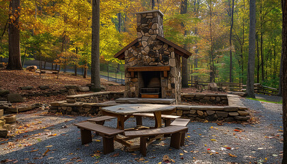 An outdoor stone fireplace has a built-in grilling rack - surrounded by wooden benches for people to sit and relax - wide format
