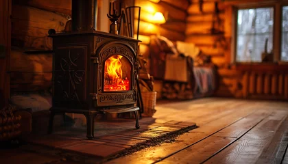 Foto op Plexiglas A freestanding cast iron stove with a spiral smoke pipe sits in a cozy wooden cabin - offering an alternative to traditional fireplaces - wide format © Davivd