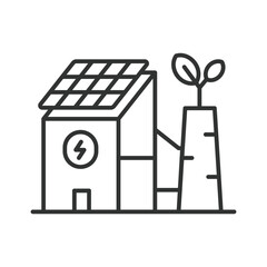 Eco plant with a solar battery icons in line design. Eco, plant, solar, battery, energy, renewable isolated on white background vector. Eco plant with a solar battery editable stroke icon.