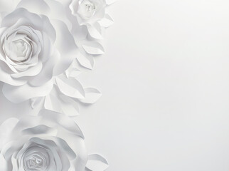 monochrome white invitation template with white roses, made in origami style. top view, flat composition, copy space