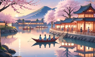 Cultural beauty of a cherry blossom evening by the river. AI illustration. Extra wide banner