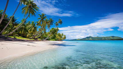 A sandy beach with palm trees and clear blue water.