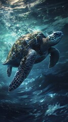 Obraz premium Huge big sea turtle swimming underwater, vertical, World aquatic animal day