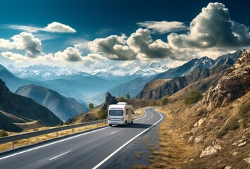 a white rv on a road with mountains in the background