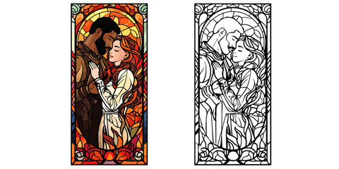 A Loving Couple Close Together with Presents Coloring Page Stained Glass Vector Art