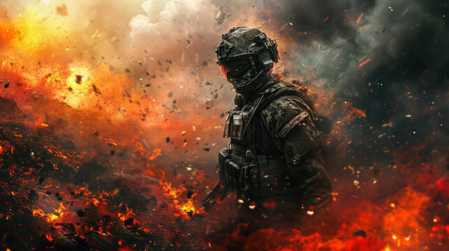 An army soldier in a military camouflage uniform, a helmet and a mask, holds a rifle and aims, in the smoke