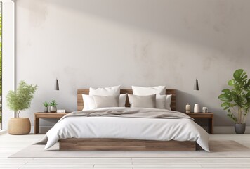 Fototapeta na wymiar a bed with white pillows and a wood headboard