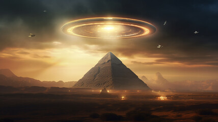 ufo aircraft  try to land by the  great pyramid .ufo conspiracy theories - obrazy, fototapety, plakaty