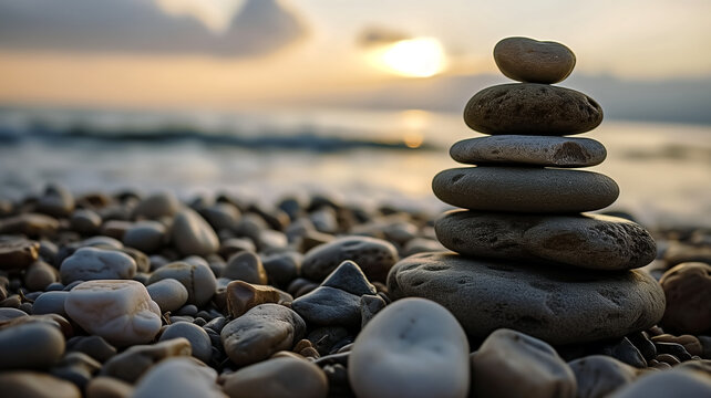 Stack of smooth pebbles balanced perfectly on a pebble beach against a serene sunset backdrop.