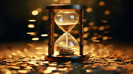hourglass with sand and coins for time is money concept	 art - obrazy, fototapety, plakaty