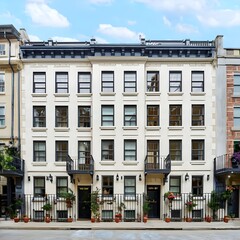 An elegant townhouse in a bustling urban neighborhood, with wrought iron balconies, decorative window shutters, and vibrant flower boxes adding character to the facade.