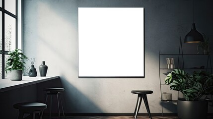 A white rectangle canvas hangs as a fixture on the wood wall next to a chair , generated by AI