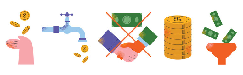 Finance icon set. Containing loan, cash, saving, financial goal, profit, tax, budget, mutual fund, corruption collection. Vector modern illustration isolated on white background