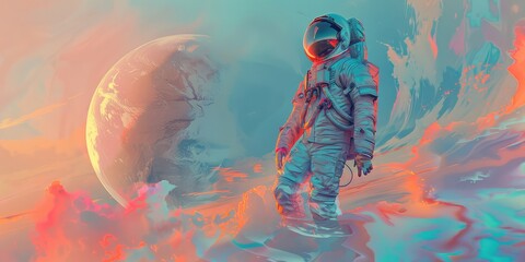 An astronaut in a pink fog against the background of a planet in orbit. Astronaut's Dream
