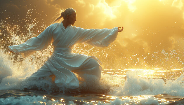 Portrait of asian young man practicing tai chi chuan standing in the waves outdoor, at sunset on gold blurred light. Qigong