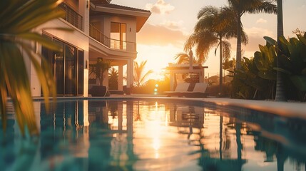 Luxurious villa by the poolside at sunset, enjoying summer in a serene getaway. ideal holiday home concept. serenity and relaxation in a tropical paradise. AI
