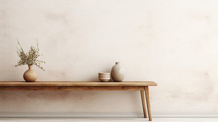 Fototapeta na wymiar A table against a light wall, minimalistic interior.