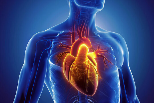 An anatomical illustration showing the human cardiovascular system with a detailed, glowing heart in blue and orange tones.