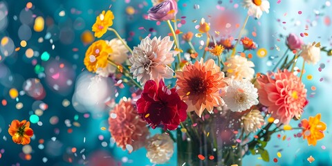 Fototapeta na wymiar A Stunning Display of Colorful Flowers, Confetti, and Dewdrops in a Vase. Concept Floral Arrangements, Vibrant Colors, Sparkling Dewdrops, Confetti Delight, Vase of Color