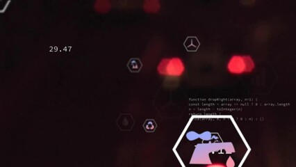 Animation of eco icons data processing over out of focus city lights - Powered by Adobe