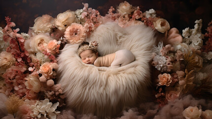 Antique wicker baby carriage with flowers,,
Newborn baby wrapped in a blanket sleeping in a basket