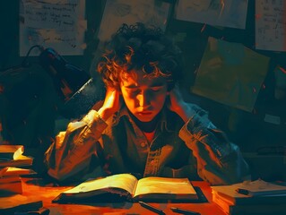 Boy Studying in Low Light with Solarization Effect