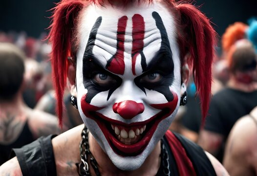 evil painted clown face on a heavy metal concert goer
