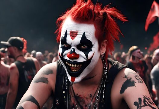 evil painted clown face on a heavy metal concert goer