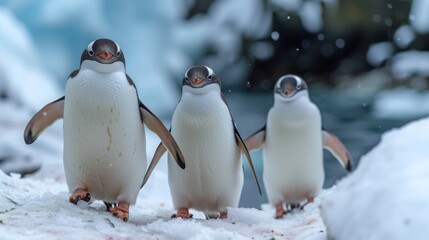 Fototapeta premium Penguins in Antarctica: Adorable penguins in their natural habitat, conveying the charm of these resilient birds.