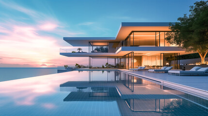 Fototapeta premium Luxury Seaside Villa with Large Swimming Pool at Sunset, Modern Architecture, Blue Sky, Warm Light Inside. Beach Vacation, Dream Destination, Premium Rental, Top Tier Hotel. Relaxation, Joy, Nature 