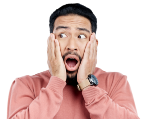 Wow, surprise and face of man with gossip and shocked for announcement in transparent, isolated or png background. Crazy, news and person hearing secret, information or emoji for drama story