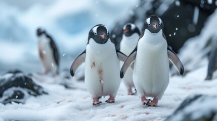 Fototapeta premium Penguins in Antarctica: Adorable penguins in their natural habitat, conveying the charm of these resilient birds.