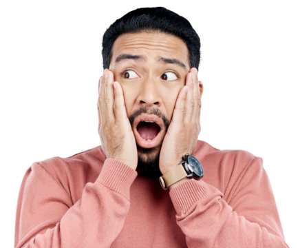 Wow, surprise and face of man with gossip and shocked for announcement in transparent, isolated or png background. Crazy, news and person hearing secret, information or emoji for drama story